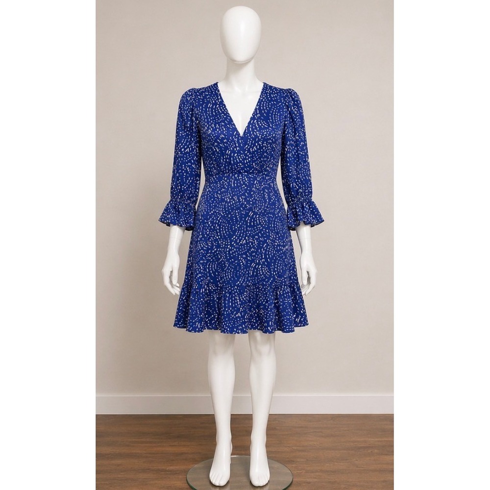 Harper Rose Blue White Abstract Print Dress V-Neck Ruffle Bell Sleeve Flare 10